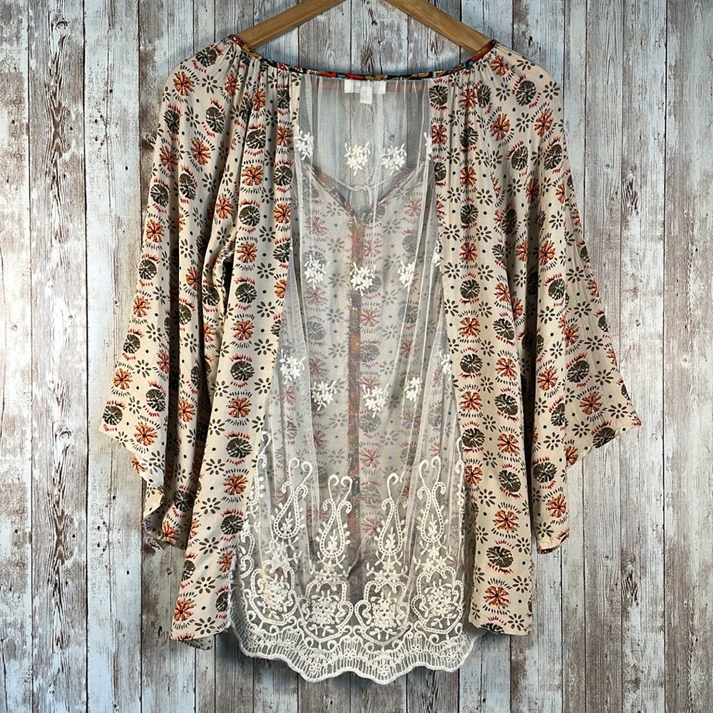 Umgee Women's Flowy Peasant Blouse Boho sz Medium Lace Panel Tassel Tan Orange - Picture 10 of 15